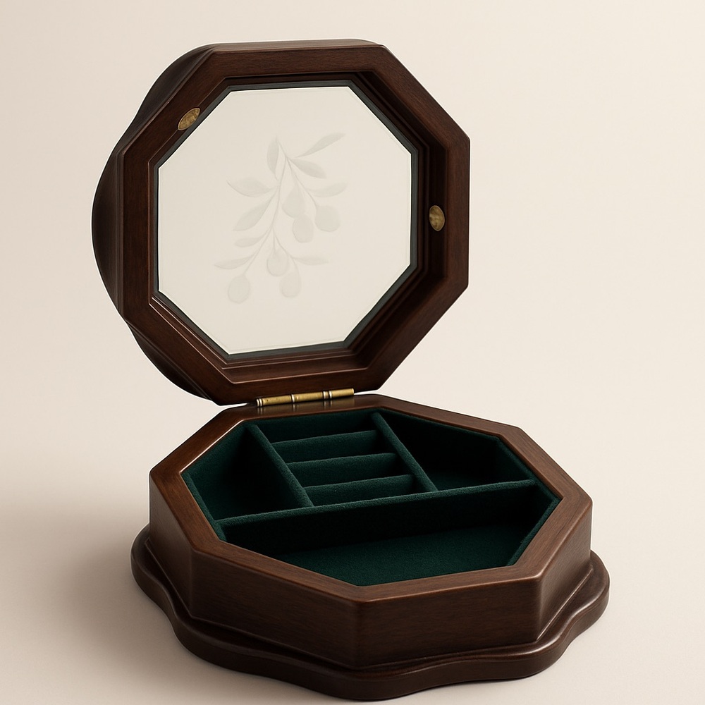 Wooden Octagonal Ring Earring  Holder Jewelry Box with Glass Top Styled by Mele - Picture 2 of 9